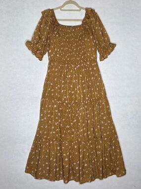 JessaKae Smocked Maxi Dress XL Ruffle Sleeve Floral Cottagecore Mustard Yellow
